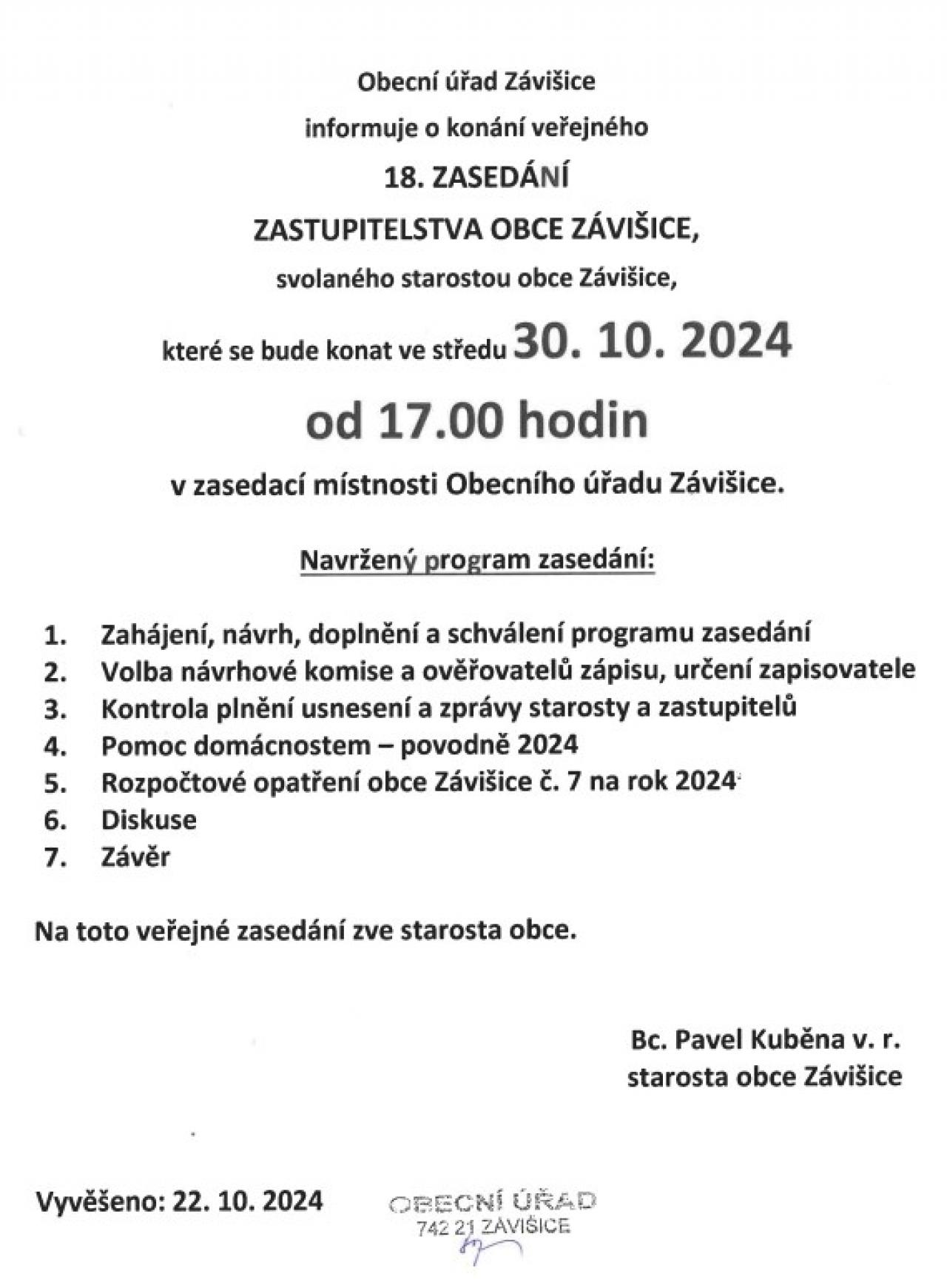 18. Zasedání zastupitelstva obce Závišice 30.10.